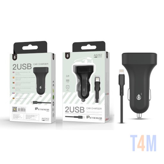 ONE PLUS A6262 CAR LIGHTER CHARGER WITH IP6 / 7/8 / XS / XR CABLE, 2USB, 2.4A PRETO ( 2002181 )